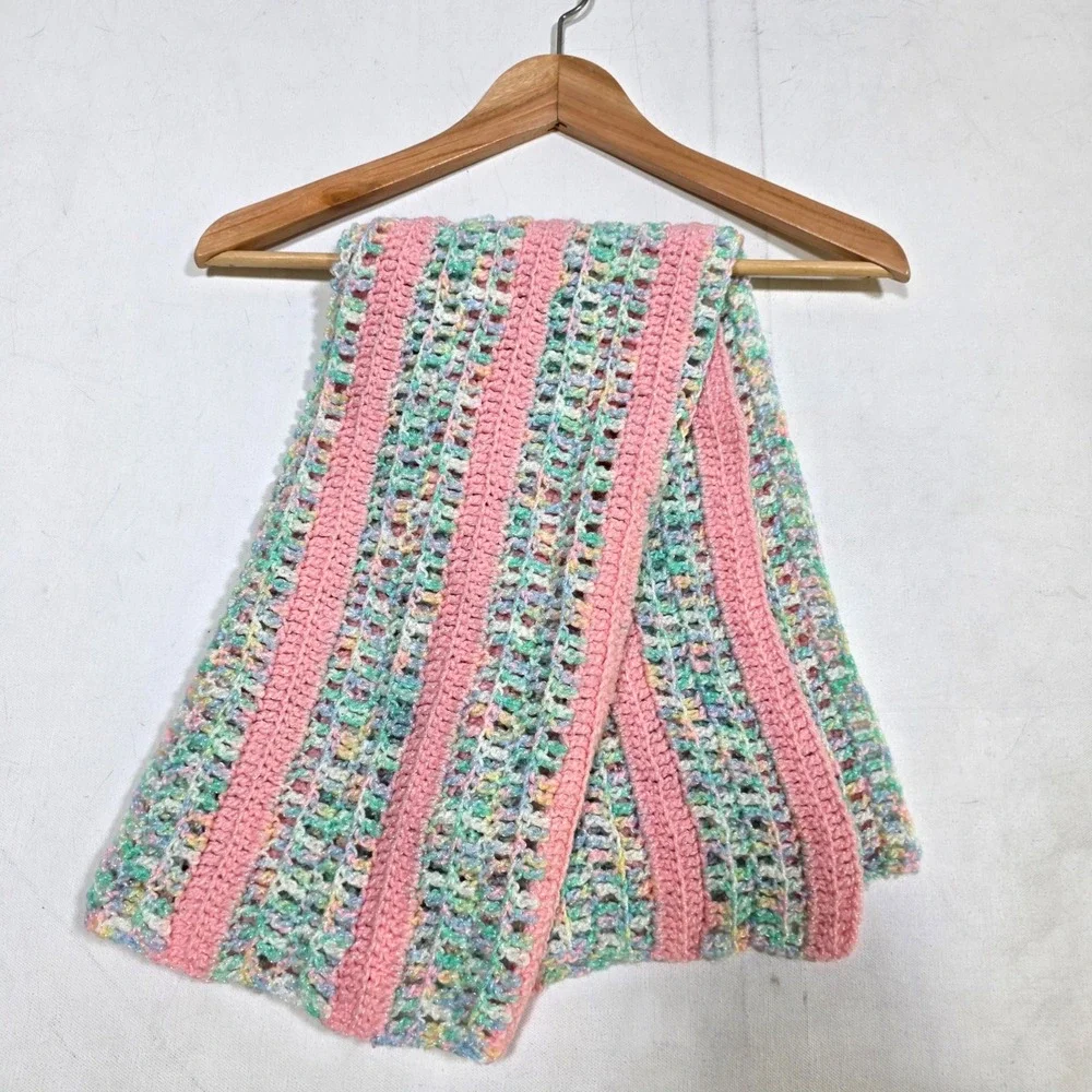 Unbranded Crochet Baby Blanket Unisex OS Pink Multicolor Striped Handmade Knit